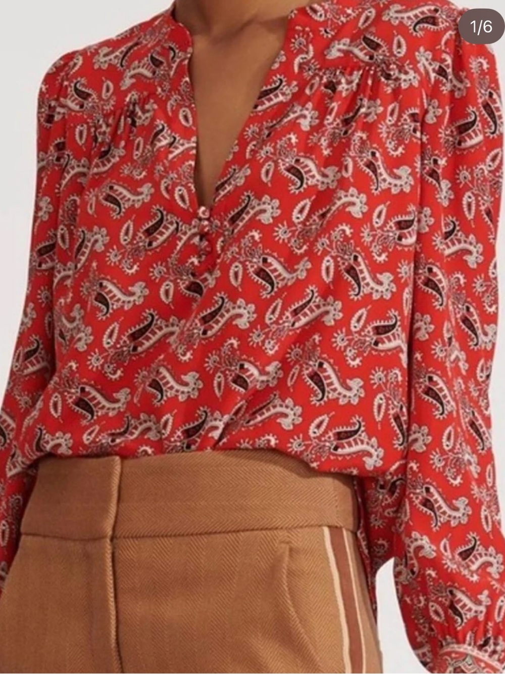 Veronica Beard Red Paisley V-Neck Long-Sleeve Blouse